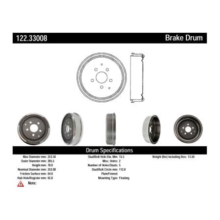 Centric Centric Premium Brake Drum, Centric Parts 122.33008 122.33008